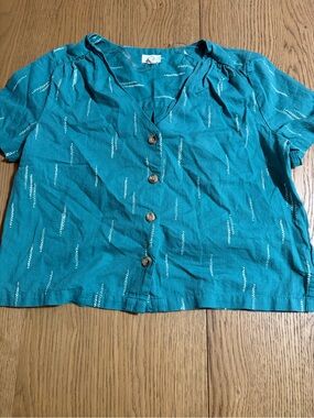 a.n.a Teal Short-Sleeve Button-Front Top with White Dash Detail